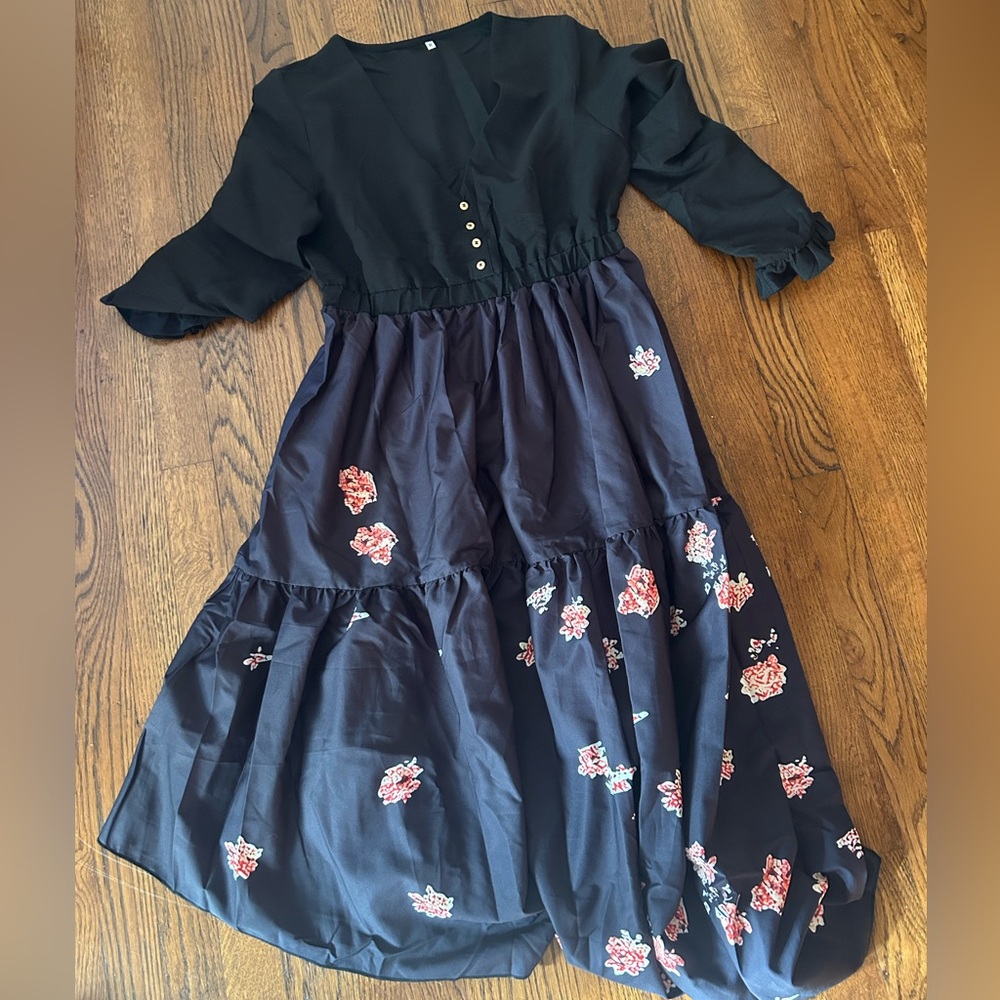 Floral Black and Pink Midi Dress